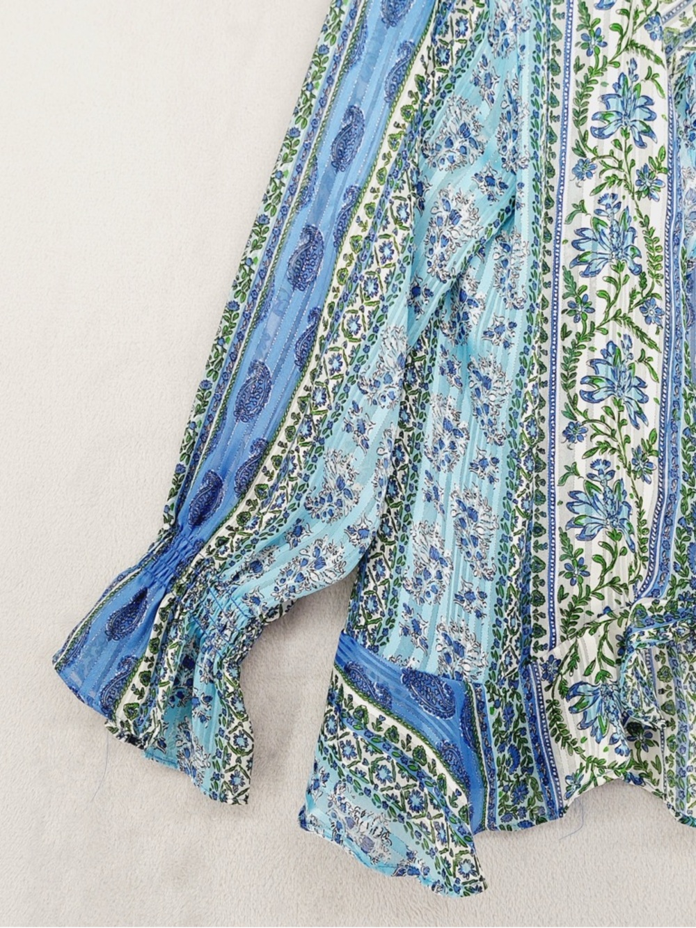 Zara Blouse Womens Medium Blue Green Floral Paisley Ruffle Boho Peplum Top P4775 - Picture 5 of 11